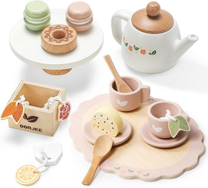 Dorjee Wooden Tea Set for Little Girls, Wooden Toys Toddler Tea Set Play Kitchen Accessories for Kids Tea Party with Play Food for Kid Age 3+ Gift