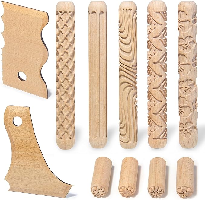 11Pcs Clay Pottery Tools Kit with 5 Clay Texture Rollers, 4 Clay Stamps, 2 Foot Shapers Pottery Ribs Trimming | All-in-One Ceramic Carving Set for Clay Molding & Sculpting & Ceramics