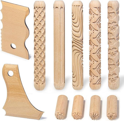 11Pcs Clay Pottery Tools Kit with 5 Clay Texture Rollers, 4 Clay Stamps, 2 Foot Shapers Pottery Ribs Trimming | All-in-One Ceramic Carving Set for Clay Molding & Sculpting & Ceramics