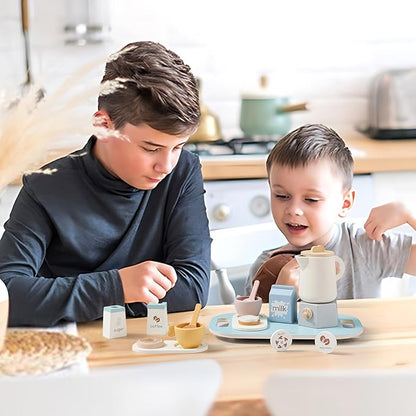 EERKEOD Tea Party Set for Kids Wooden Tea Sets for Toddler Girl Toys Pretend Play for Little Girls Kitchen Play Food Accessories Sets Wooden Educational Toys Gifts with Silicone