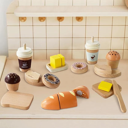 PairPear Wooden Bakery Toy Food Playset,Kids Pretend Play Food Kitchen Accessories with Shopping Bag,Toddlers Cutting Food Gift for Boys and Girls 3 Years and Up