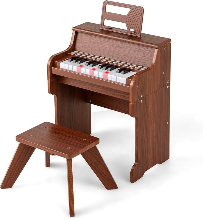 HONEY JOY Wooden Kids Piano, 25 Lighted Keys Kids Keyboard Piano w/Music Stand, Bench, Early Learning Educational Musical Instrument, Baby Music Toy for 3+ Years Old Toddlers Boys Girls (Brown)