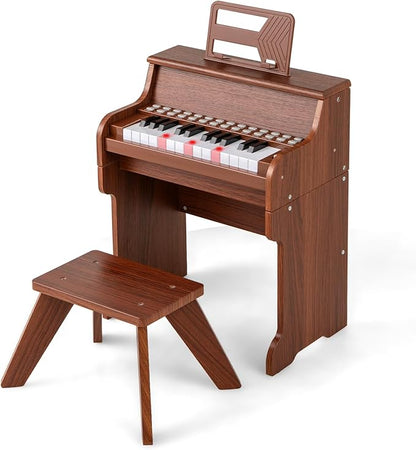 HONEY JOY Wooden Kids Piano, 25 Lighted Keys Kids Keyboard Piano w/Music Stand, Bench, Early Learning Educational Musical Instrument, Baby Music Toy for 3+ Years Old Toddlers Boys Girls (Brown)