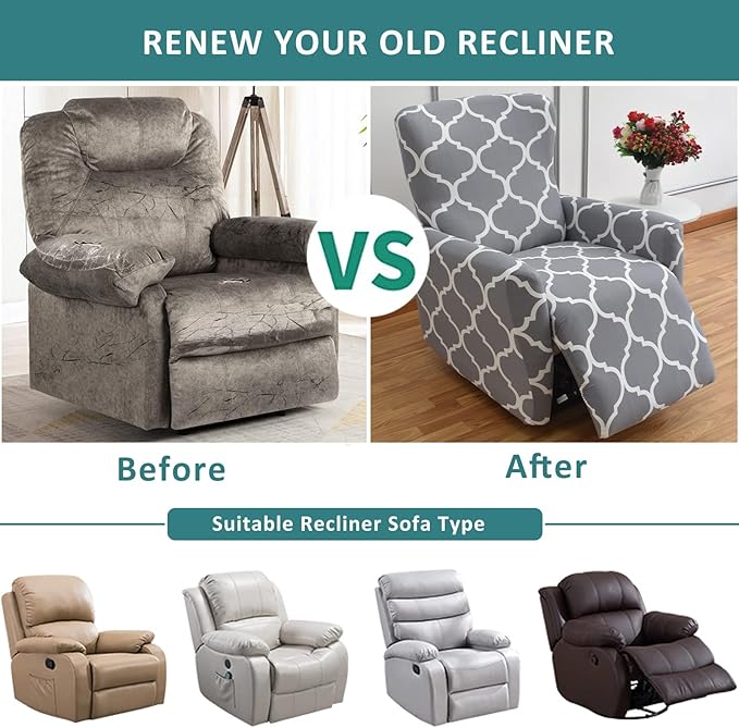 NILUOH Stretch Recliner Cover 4 Pieces Electric Power Lift Recliner Chair Cover Reclining Couch Cover Anti-Slip Fitted Furniture Protector with Side Pocket
