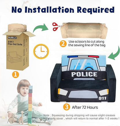 MallBest Kids Sofas Toddler Couch Bed Baby's Upholstered Chair Sleepover Couch Flipout Open Recliner(Black/Police Car)