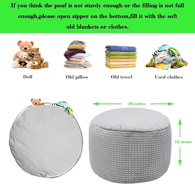 Pouf Ottoman Stuffed 20x20x12 Inches Floor Pouf Plush Fiber Ottoman Foot Rest Under Desk Foot Stool for Living Room Bedroom (Gray Pouf with Filler)