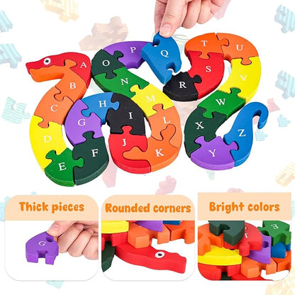 LOVESTOWN Alphabet Jigsaw Puzzle, Building Blocks Animal Wooden Puzzle, Wooden Snake Letters Numbers Block Toys for Kids Birthday Gifts