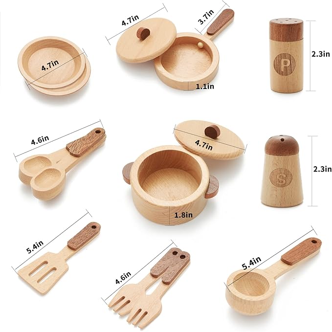 WHOHOLL Play Kitchen Accessories, Wooden Kitchen Sets for Kids, Toy Pots and Pans for Kids Kitchen, Toddler Cooking Toys for Kids Ages 3-5, Montessori Kitchen Tools for Boys Girls Gifts (Large)