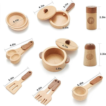 WHOHOLL Play Kitchen Accessories, Wooden Kitchen Sets for Kids, Toy Pots and Pans for Kids Kitchen, Toddler Cooking Toys for Kids Ages 3-5, Montessori Kitchen Tools for Boys Girls Gifts (Large)