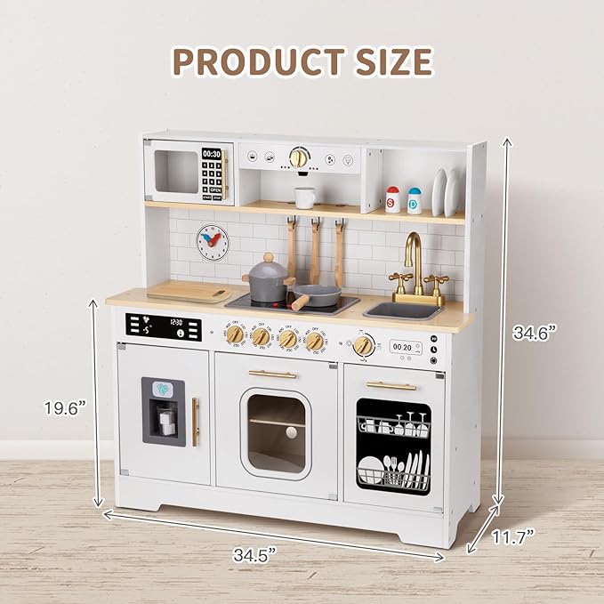 Kids Play Kitchen Set, Kitchen Set for Kids with Plenty of Play Features, Sink, Oven, Stove, Dishwasher, Coffee Maker, Ice Maker and Microwave, Play Kitchen Sets for Kids Ages 4-8.
