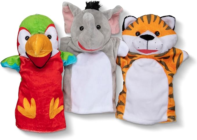 Melissa & Doug Safari Buddies Hand Puppets, Set of 6 (Elephant, Tiger, Parrot, Giraffe, Monkey, Zebra) Soft, Plush Animal Hand Puppets For Toddlers And Kids Ages 2+