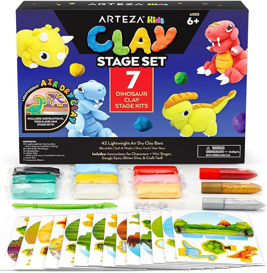 ARTEZA Kids Air Dry Clay, 42 Bars, Dinosaur Modeling Clay Kit, 14 Mini-Stages, 14 Googly Eyes, 3 Glitter Glues, 1 Craft Tool, 7 Instruction Sheets