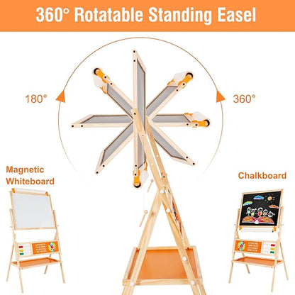 3-in-1 Wooden Easel for Kids, Toddle Double-Sided Easel with Magnetic Whiteboard and Painting Blackboard, 360° Rotatable, Paper-roll Holder, Storage Tray, and Stickers Included