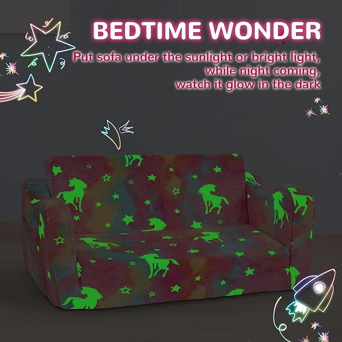 Elevon 2 in 1 Wider Toddler Couch, Flip Open Soft Sofa Bed, Glow in The Dark Flannel Baby Couch, 2-Seat Kids Chair Convertible Couch Easy Fold & Unfold, Baby Recliner Sofa for Girls and Boys