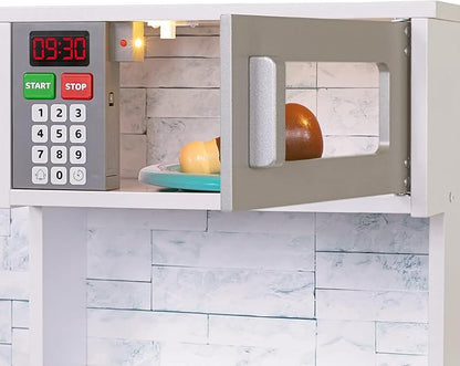 Lil' Jumbl Kids Kitchen Set, Pretend Wooden Play Kitchen, Battery Operated Icemaker & Microwave with Realistic Sound, Pots & Pan Included - White