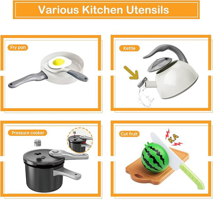 130Pcs Kitchen Playset, Toddler Pretend Cooking Play Pots, Pans, Utensils Cookware, Daily Food Fruit Veges, Shopping Storage Basket, Dessert, Prop Money, Learning Gift for Child （White）