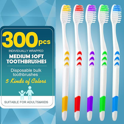 Navona 300 PCS Individually Wrapped Bulk Toothbrush Pack, Disposable Toothbrush, Soft Toothbrush for Adult or Kid, Soft Bristle Toothbrush, Ergonomics Handle, Perfect for Travel, Hotel, Donation