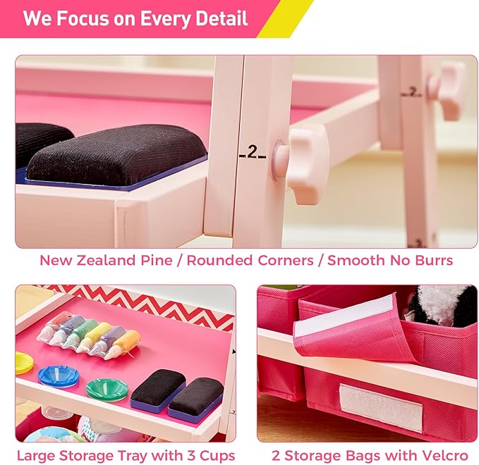FUNLIO Anti-Warping Kids Art Easel, 3 Height Adjustable for Kids Aged 2-8, All-in-One Toddler Easel with Paper Roll & Erasable Frame, Standing Easel with Magnetic Chalkboard/Whiteboard (Pink)