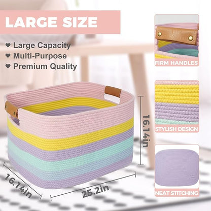 danpinera Large Laundry Basket, 108L Rectangle Woven Baskets for Storage for Living Room, Laundry, Nursery, Pillows, Baby Toy chest, Blanket Storage with Leather Handle, 25’’*16’’*16’’ Rainbow