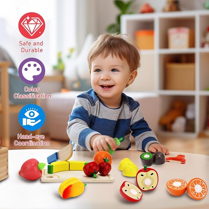 Wooden Play Food Set for Toddlers Toys Pretend Play Kitchen Accessories Fruit Cutting Set for Kids Gift for Boys Girls Montessori Educational Toys