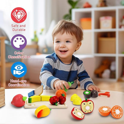 Wooden Play Food Set for Toddlers Toys Pretend Play Kitchen Accessories Fruit Cutting Set for Kids Gift for Boys Girls Montessori Educational Toys