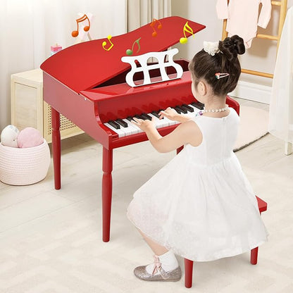 Goplus 30-Key Classical Kids Piano, Mini Grand Piano Wooden Learn-to-Play Musical Instrument Toy with Bench, Piano Lid, Music Rack, Gift for Boys Girls Aged 2+ Baby Toddler (4 Straight Leg-Red)