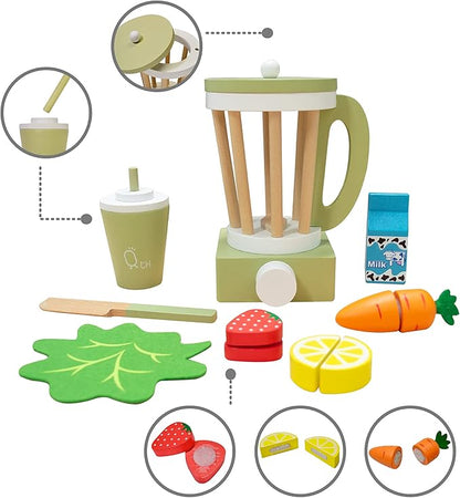 Teamson Kids Little Chef Frankfurt 13-pc. Wooden Play Kitchen Blender Accessory Set with Pretend Ingredients, Natural/Green