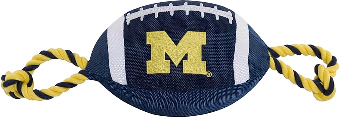Pets First NCAA Michigan Wolverines Football Dog Toy, Tough Quality Nylon Materials, Strong Pull Ropes, Inner Squeaker, Collegiate Team Color, 1 Count (Pack of 1)