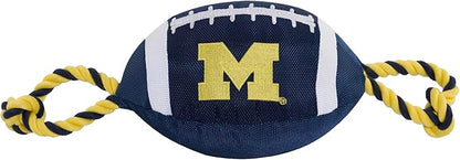 Pets First NCAA Michigan Wolverines Football Dog Toy, Tough Quality Nylon Materials, Strong Pull Ropes, Inner Squeaker, Collegiate Team Color, 1 Count (Pack of 1)