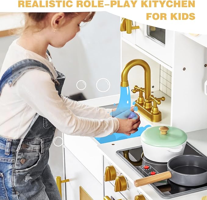 Labebe Wooden Kids Play Kitchen, Toy Kitchen Set with Plenty of Play Features & Cookware, Toddler Kitchen Playset Designed in Trendy Home Style for Boys Girls