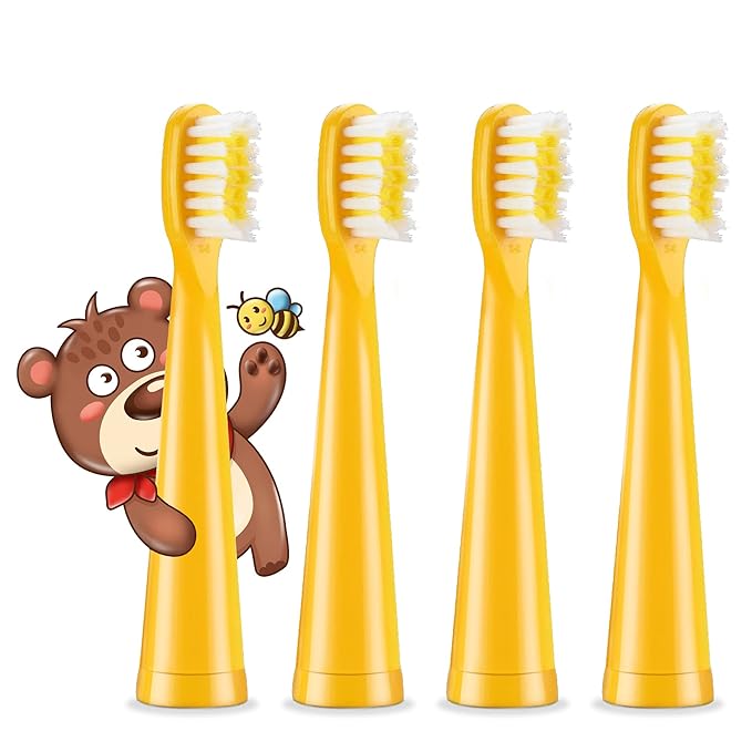 Vekkia Bear Kids Electric Toothbrush Replacement Heads - 7X More Plaque Removal, End-Rounded 3D Curved Soft Bristles, Comfortable & Efficient Clean Teeth, Perfect for Kid Small Mouth, Yelow (4 Pack)