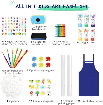 Kids Easel 3-1,Magnetic Chalkboard & Whiteboard, Paper Painting, Big Storage with Canvas Bag, Painting Sets with Finger Paints,Chalks,Brushes,Number Letters Magnets, Apron, Gift for Kids, Blue