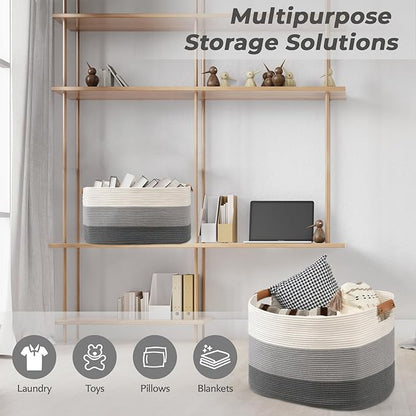 danpinera Rectangle Blanket Storage Basket, 50L Large Decorative Basket Living Room, Storage Bin with Handle, Woven Rope Hamper for Toy Organizing & Laundry, 18.11’’*14.17’’*11.81’’ Gradient Grey