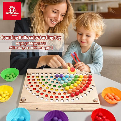 INIFEIDALA Toddler Learning Montessori Toys for 3 4 5 6 Year Old,Rainbow Stacking & Lacing Beads & Matching Shape Stacker - Wooden Peg Board Beads Sequencing Toy Set - Fine Motor Skills Toys