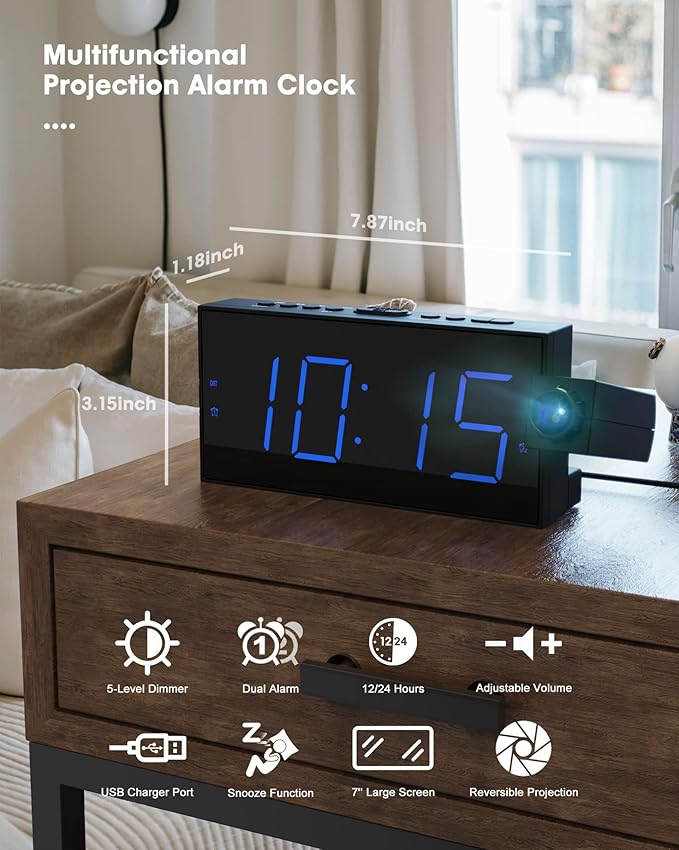 OnLyee Projection Alarm Clock for Bedroom, LED Digital on Ceiling Wall with USB Phone Charging, Battery Backup, 180° Rotatable Projector & Dimmer, 12/24H, DST, Snooze, Dual Loud Bedside Heavy Sleeper