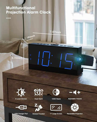 OnLyee Projection Alarm Clock for Bedroom, LED Digital on Ceiling Wall with USB Phone Charging, Battery Backup, 180° Rotatable Projector & Dimmer, 12/24H, DST, Snooze, Dual Loud Bedside Heavy Sleeper