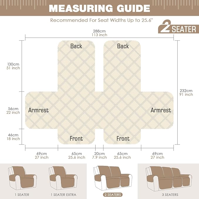 TAOCOCO Waterproof Recliner Loveseat Cover Non-Slip Sofa Slipcover, Pet Couch Cover for Loveseat Recliner with Straps, Washable Reclining Loveseat Cover Furniture Protector (2 Seater, Brown)