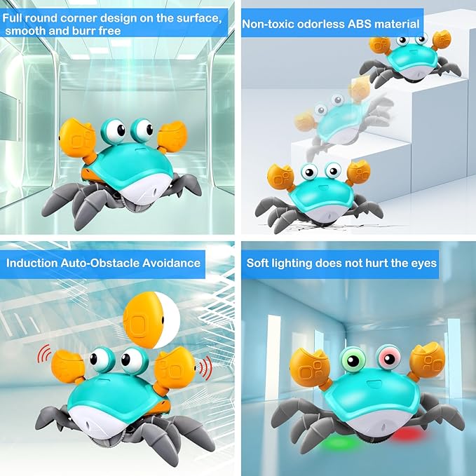 Plnmlls Crawling Crab Baby Toy,Tummy Time Toys,with Music and LED Light,Built-in Rechargeable Battery and Volume Can be Turned Off for 6-12 12-18 36 Months Walking Toddler Birthday Gift(Jade Green)