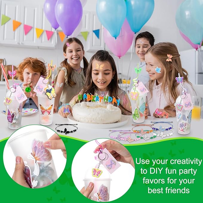 Ecally 171 Pcs Butterfly Party Favors for Girls Butterfly Keychain Hairpins Stickers Bracelet Ring Necklace Tattoo Straws Plastic Cups with Dome Lids Tag for Kids Butterfly Birthday Party Supplies