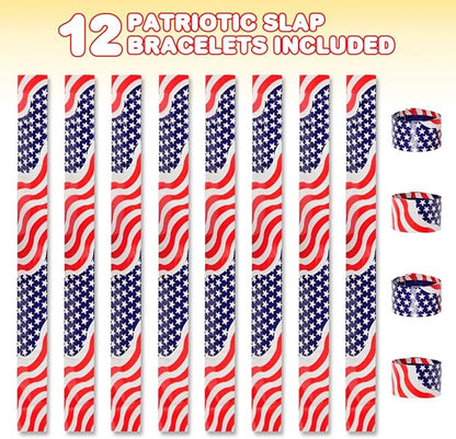ArtCreativity Patriotic Slap Bracelets for Kids, Set of 12, Stars and Stripes Slap Wrist Bands, July 4th Party Favors for Kids, Red, White, and Blue Accessories for Memorial and Veterans Day