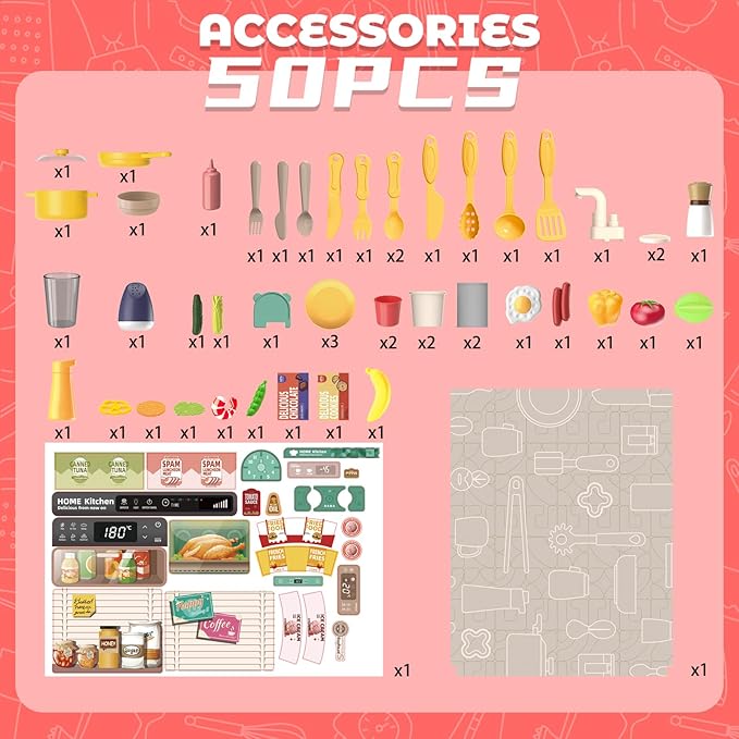 deAO Kids Kitchen Playset 50PCS Play Kitchen Toys Accessories with Sounds Lights, Cooking Stove Steam, Play Sink and Food, Pretend Kitchen Toy Gift for Toddler Aged 2 3 4 5 6 7 8 Years