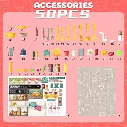 deAO Kids Kitchen Playset 50PCS Play Kitchen Toys Accessories with Sounds Lights, Cooking Stove Steam, Play Sink and Food, Pretend Kitchen Toy Gift for Toddler Aged 2 3 4 5 6 7 8 Years