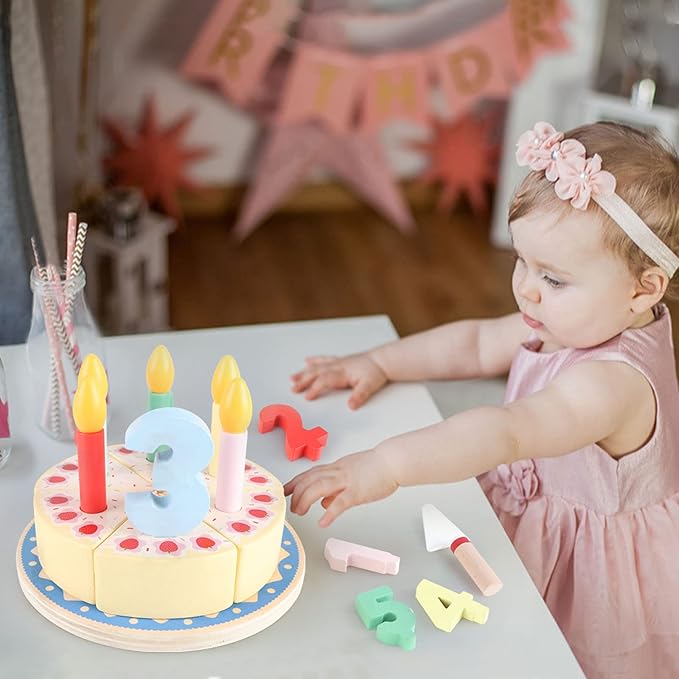 Wooden Cutting Birthday Cake Toys,Birthday Fake Cake Toy with Candles and Numbers, Pretend Play Food Set ,Montessori Tea Party Toys Learning Kitchen Toys for Boys Girls 1-6 Years