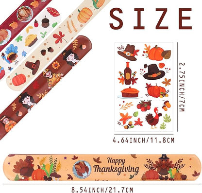 40PCs Thanksgiving Slap Bracelets for Kids with Thanksgiving Tattoo, Turkey Pumpkin Autumn Maple Leaf Snap Band for Fall Party Favors Decor