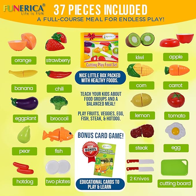 FUNERICA Cuttable Play Food, Fruits and Vegetables for Kids, Pretend Kitchen Toy Accessories Set with Knives, Cutting Board, Plates - Cutting Food for Toddlers and Kids