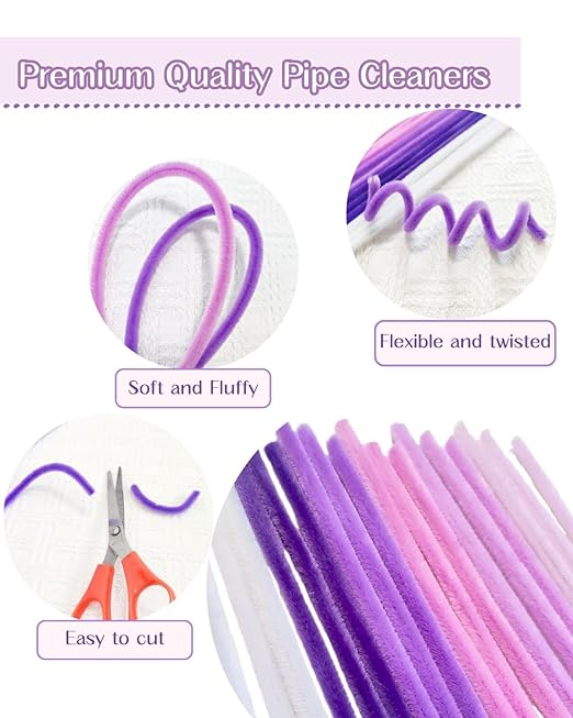 500 Pcs Gradient Purple Pipe Cleaners Flower kit,Chenille Stems for DIY Art Projects Creative Gift,Pipe Cleaners Craft with tutoria,Pearls,Pompoms,Green Floral Wires,Gardening Tape,Stamen