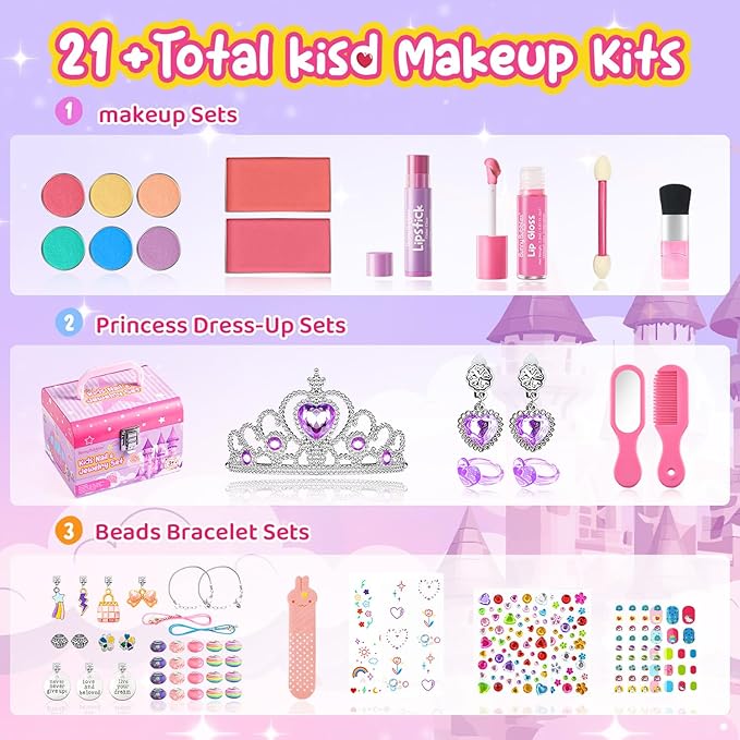 Kids Makeup Kit for Girls, Real Washable Cosmetic Set with Mirror, Jewelry Bracelet Making Kit for Kids Makeup Toy, Kids Makeup Sets for Girls 4 5 6 7 8 9 10 11 12 Years Old Kid (Purple)