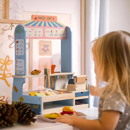 ROBUD Pretend Play Food Toys for Kids Toddlers, Wooden Kitchen Food Sets for Boys Girls - Sandwich Counter with Deli Slicer