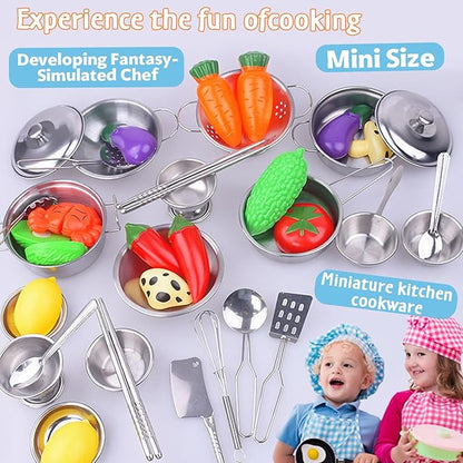 Mini Size Kids Kitchen Pretend Play Toys Accessories with Stainless Steel Cookware Pots and Pans Set,Classic Kitchen Accessories Cooking Utensils Set Tiny Role Play Cooking Play Toy for Kids Toddlers