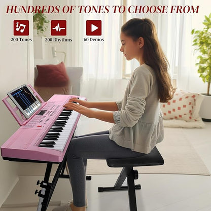 Ktaxon 61 Key Keyboard Piano Electric Keyboard, Electric Piano Set with Headphones, Microphone, Music Rest, Power Adapter, Piano Stand, Piano Bench and Manual (Full Size H Stand-Nude Pink)